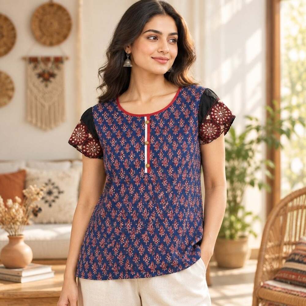 Imara Printed Kurti Size L Blue Red Cotton Ethnic Top